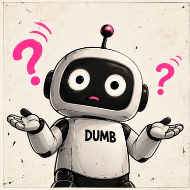 DUMB robot shrugging with question marks