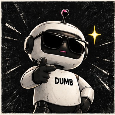 DUMB robot pointing confidently in sunglasses