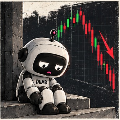 DUMB robot sitting beneath a crashing crypto chart