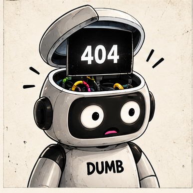 DUMB robot with its head open and 404 displayed