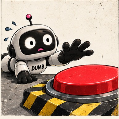 DUMB robot reaching toward a huge red sell button