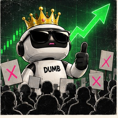 Crowned DUMB robot facing doubters and a rising chart
